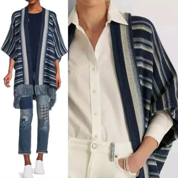 Ralph Lauren LRL Black Label Blue Striped Cotton Fringed Cardigan Size S/M. - Picture 2 of 15